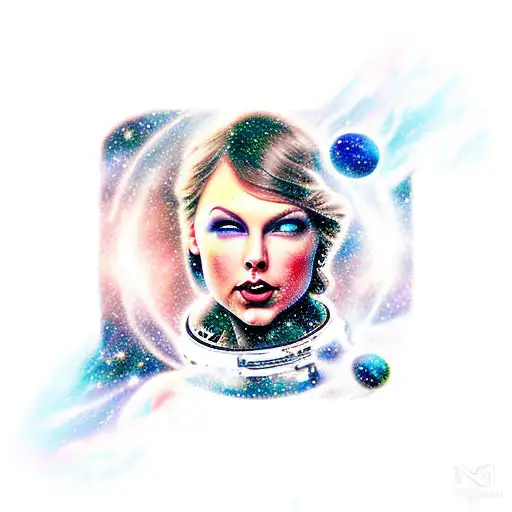 Galaxy, space, black hole, taylor swift head in back ground tattoo design idea