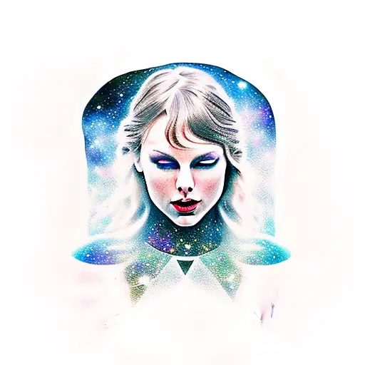 Galaxy, space, black hole, taylor swift head in back ground, hair long and down tattoo design idea