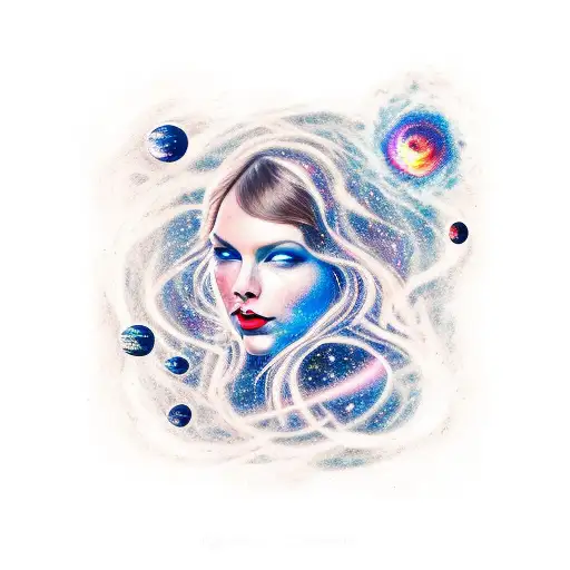 Galaxy, space, black hole, taylor swift head in back ground, hair long tattoo design idea