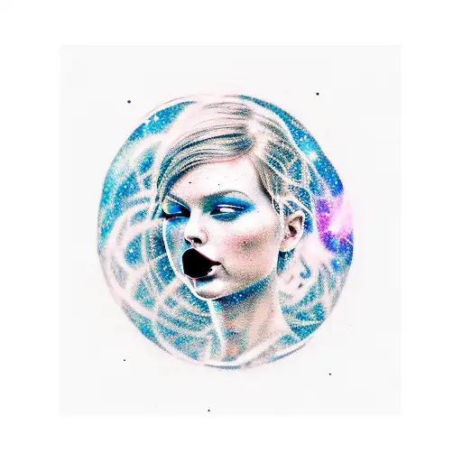 Galaxy, space, black hole, taylor swift head in back ground, hair long tattoo design idea