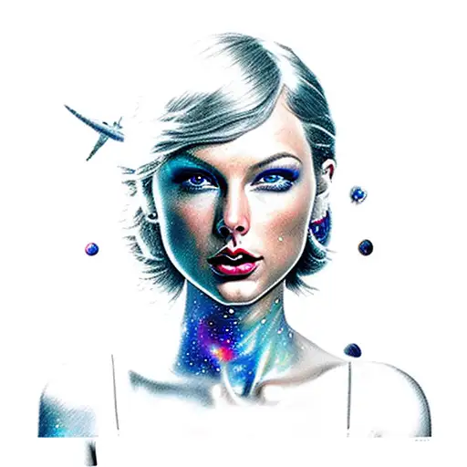 Galaxy, space, black hole, taylor swift head in back ground, hair down tattoo design idea
