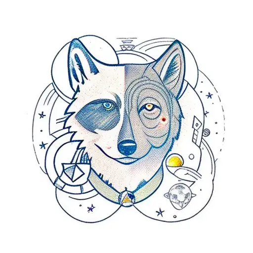 A space engineer working on a spaceship with a wolf companion tattoo design idea