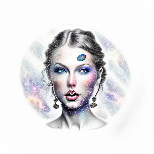 Galaxy, space, black hole, taylor swift head in back ground tattoo design idea