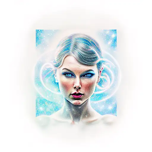 Galaxy, space, black hole, taylor swift head in back ground, hair long and down tattoo design idea