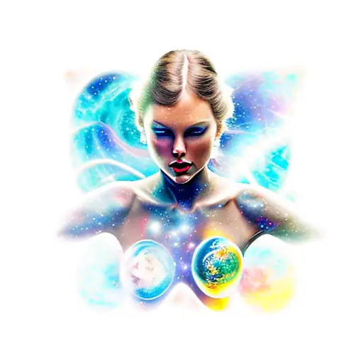 Galaxy, space, black hole, taylor swift head in back ground, hair long and down tattoo design idea