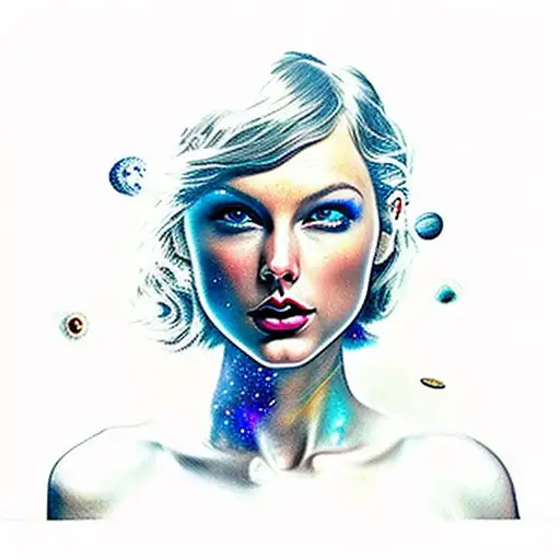 Galaxy, space, black hole, taylor swift head in back ground, hair long and down tattoo design idea