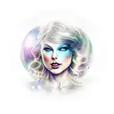 Galaxy, space, black hole, taylor swift head in back ground, hair long and down tattoo design idea