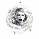 Galaxy, space, black hole, taylor swift head in back ground, hair long and down tattoo design idea