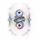 Galaxy, space, black hole, taylor swift head in back ground, hair long and down tattoo design idea