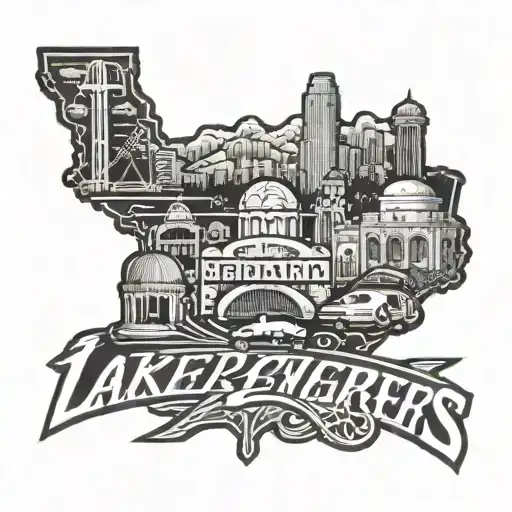 A dynamic design featuring the logos of the Los Angeles Chargers and Lakers intertwined with iconic landmarks of Inglewood California tattoo design idea