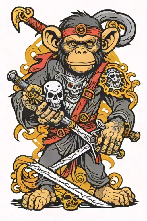 monkey Satan holding sword and other hand holdin skull tattoo design idea