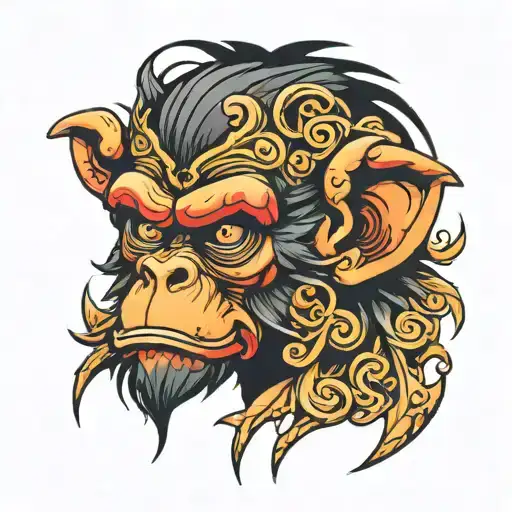 To create a vivid description for a "Crazy Monkey Devil" tattoo, imagine a fierce and wild monkey with exaggerated,  tattoo design idea