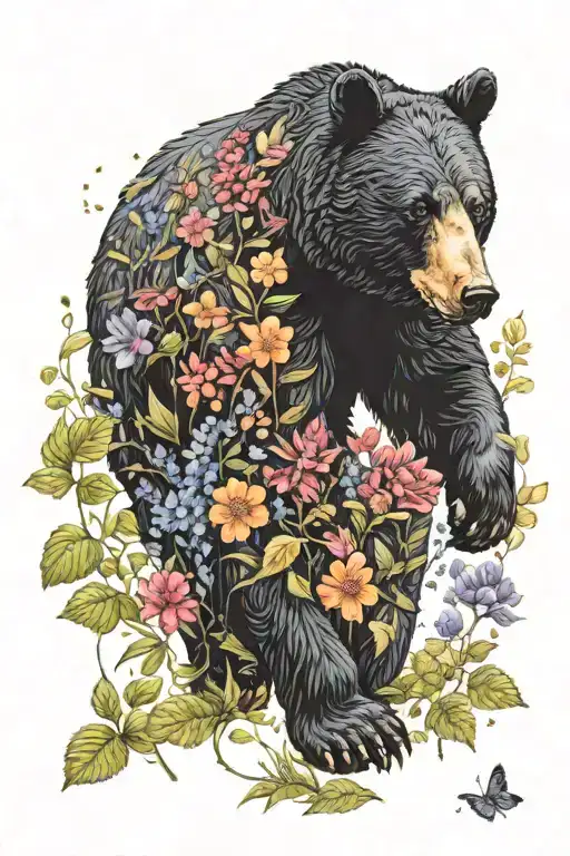 black bear walking through a forest of flowers in bloom tattoo design idea