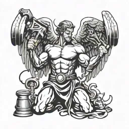 A muscular angel wielding a hammer and wrench, symbolizing strength and protection from the Bible tattoo design idea