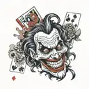 joker head with playing card tattoo design idea