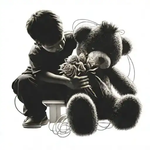 silhouette of a child playing with a teddy bear  drawn with graphite  HDR contrast   with a bouquet of lights in the bac tattoo design idea