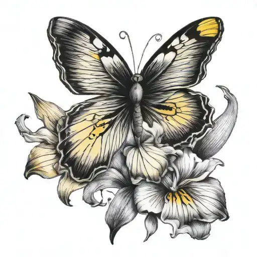 Iris Flower with golden ratio spiral music scroll with Goo Goo Dolls Iris Song and black and yellow butterfly tattoo design idea