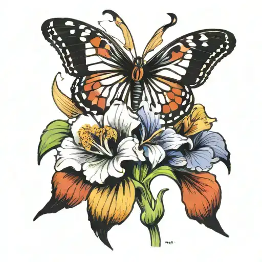 Harleyquin Iris flower intertwined in music bars forming the golden ratio sprial with a butterfly tattoo design idea