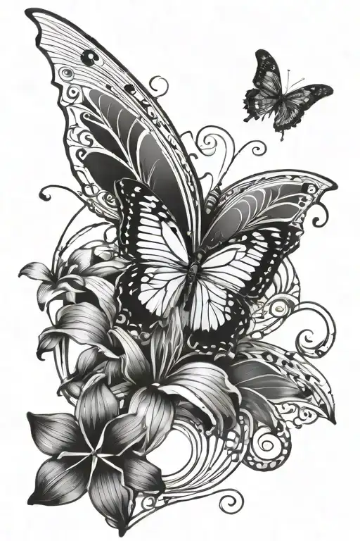 Harleyquin Iris flower intertwined in music bars forming the golden ratio sprial with a butterfly tattoo design idea