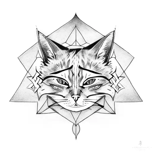 cat, bat, crossed swords. minimal black linework tattoo design idea