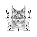 a cat and a  bat, crossed swords. minimal black linework tattoo design idea