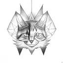 a cat and a  bat, crossed swords. minimal black linework tattoo design idea