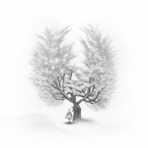 a little girl with red dress sitting under apple tree  tattoo design idea