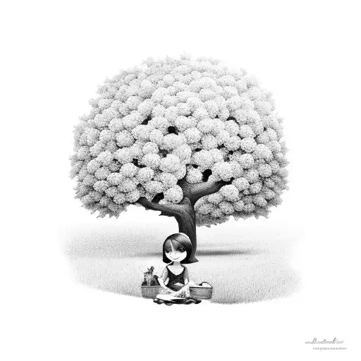 a little girl sitting under apple tree  tattoo design idea