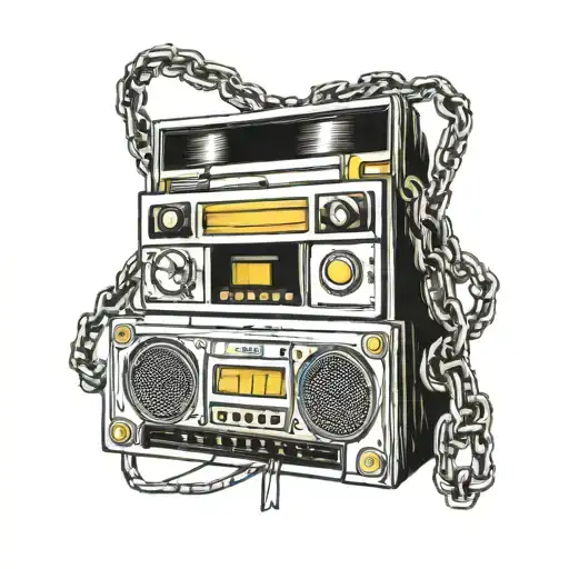 A blackwork tattoo of a vintage boombox with a gold chain draped over it, representing your love for old school rap and hip hop culture tattoo design idea