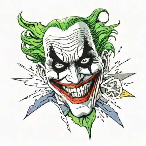 The central focus of the tattoo is the Joker's face, showcasing his iconic grin, wild green hair, and intense eyes tattoo design idea