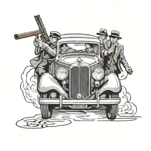 Classic mafia car with 3 men shooting with thompsons on its bumper over the hood of the car tattoo design idea
