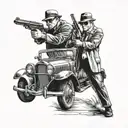 2 mafia men shooting behind a classic mafia car tattoo design idea