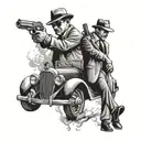 2 mafia men shooting behind a classic mafia car tattoo design idea