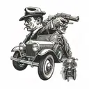 2 mafia men shooting behind a classic mafia car tattoo design idea