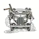 Classic mafia car with 3 men shooting with thompsons on its bumper over the hood of the car tattoo design idea