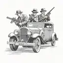 Classic mafia car with 3 men shooting with thompsons on its bumper over the hood of the car tattoo design idea