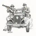 Classic mafia car with 3 men shooting with thompsons on its bumper over the hood of the car tattoo design idea