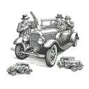 Classic mafia car with 3 men shooting with thompsons on its bumper over the hood of the car tattoo design idea