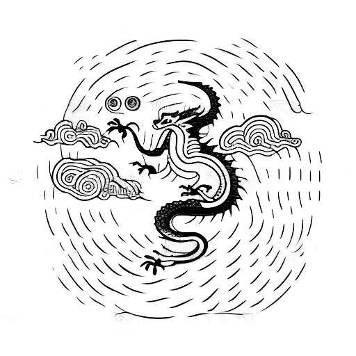 A minimalist illustration of a dragon wrapped around a vintage camera, with Japanese calligraphy in the background tattoo design idea