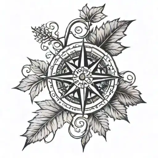 A minimalist tattoo of a compass rose intertwined with grape vines, symbolizing your love for travel and wine tattoo design idea