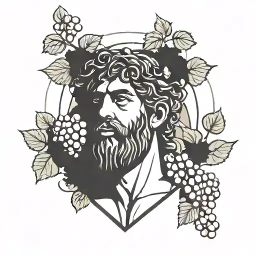A minimalist geometric representation of the Greek god Dionysus holding a grape vine, symbolizing your love for wine and Greek mythology tattoo design idea