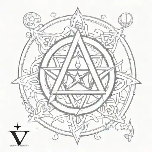 Satanic pentagram, containing the initial V in Greek and small tattoo design idea