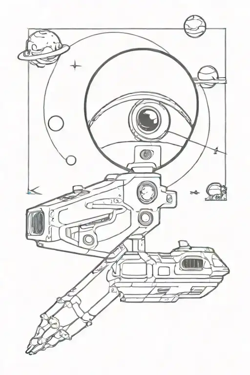 an alien , a CCTV camera facing the alien , a lock with wifi signals , a spaceship,  some planets at the end earth tattoo design idea