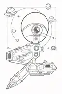an alien , a CCTV camera facing the alien , a lock with wifi signals , a spaceship,  some planets at the end earth tattoo design idea
