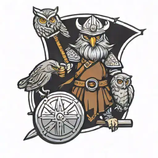 A viking warrior nurse holding a sword and shield, with an owl perched on their shoulder tattoo design idea