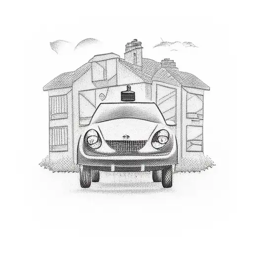 A police car parked on a marginal neighbourhood block, with children playing football in the background tattoo design idea