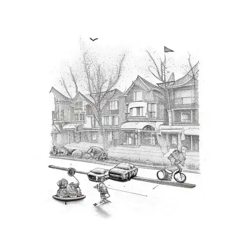 A mural-style tattoo featuring various scenes of the neighbourhood being taken care of, including children playing football and gangsters keeping watch tattoo design idea