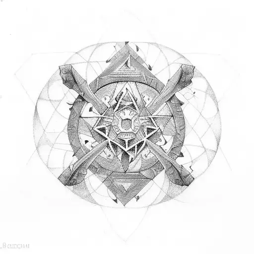 A collection of useful tools and instruments of a witch's trade arranged in a geometric pattern tattoo design idea