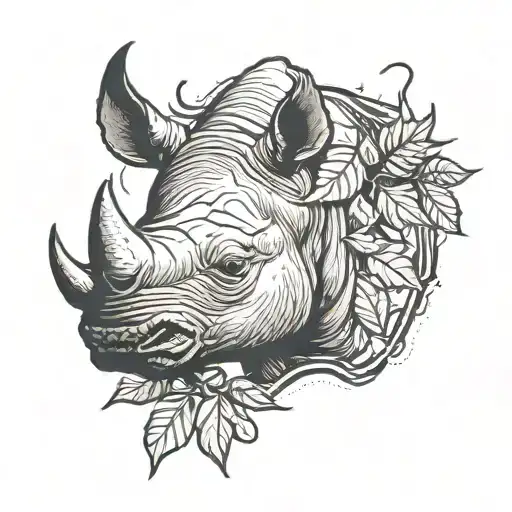 black rhino head with red maple leafs surrounding it tattoo design idea