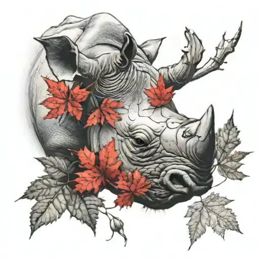 black rhino head with red maple leafs surrounding it tattoo design idea